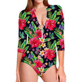 Exotic Hibiscus Flowers Pattern Print Long Sleeve Swimsuit