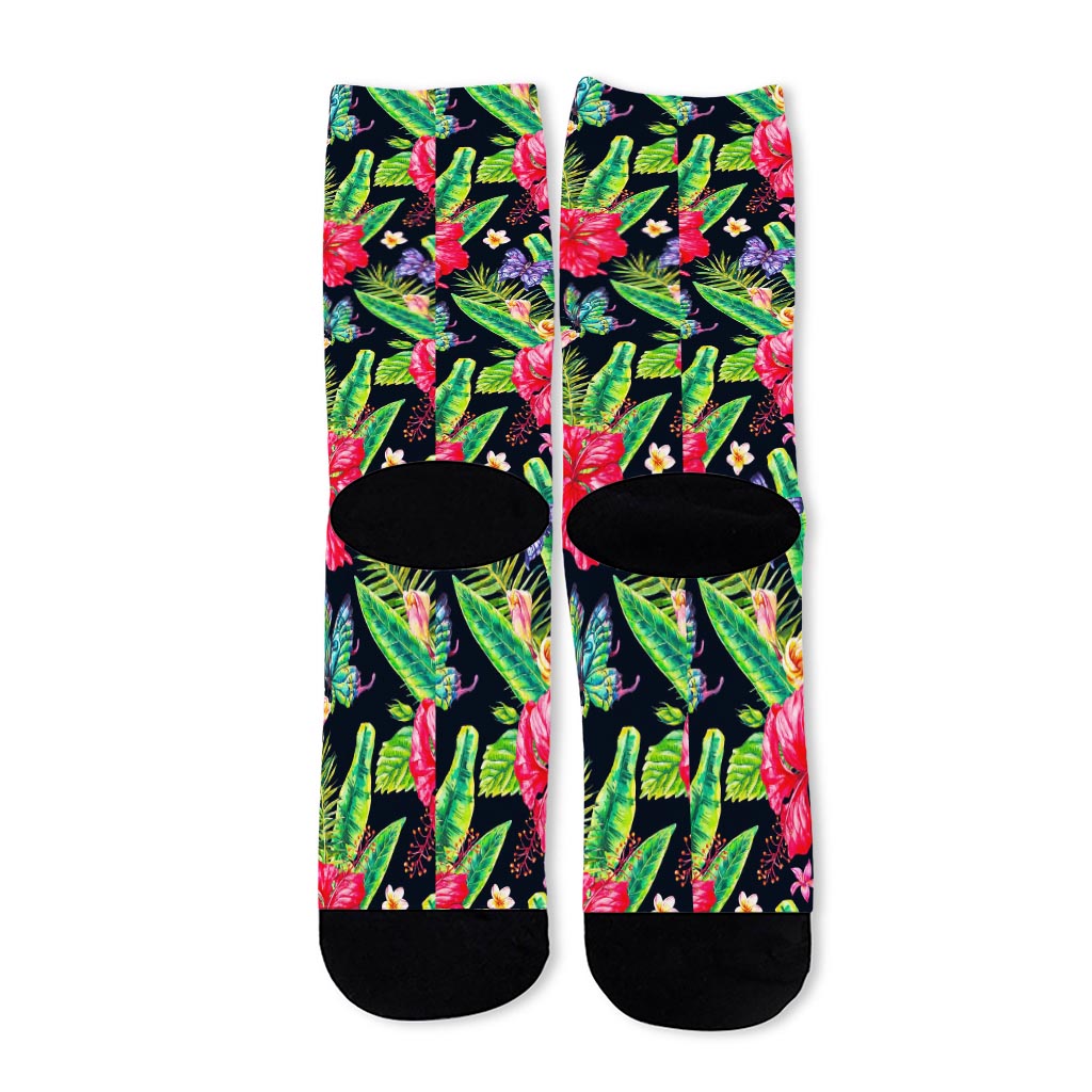 Exotic Hibiscus Flowers Pattern Print Long Socks