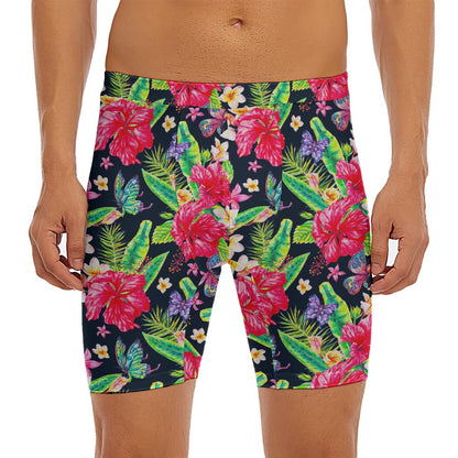 Exotic Hibiscus Flowers Pattern Print Men's Long Boxer Briefs