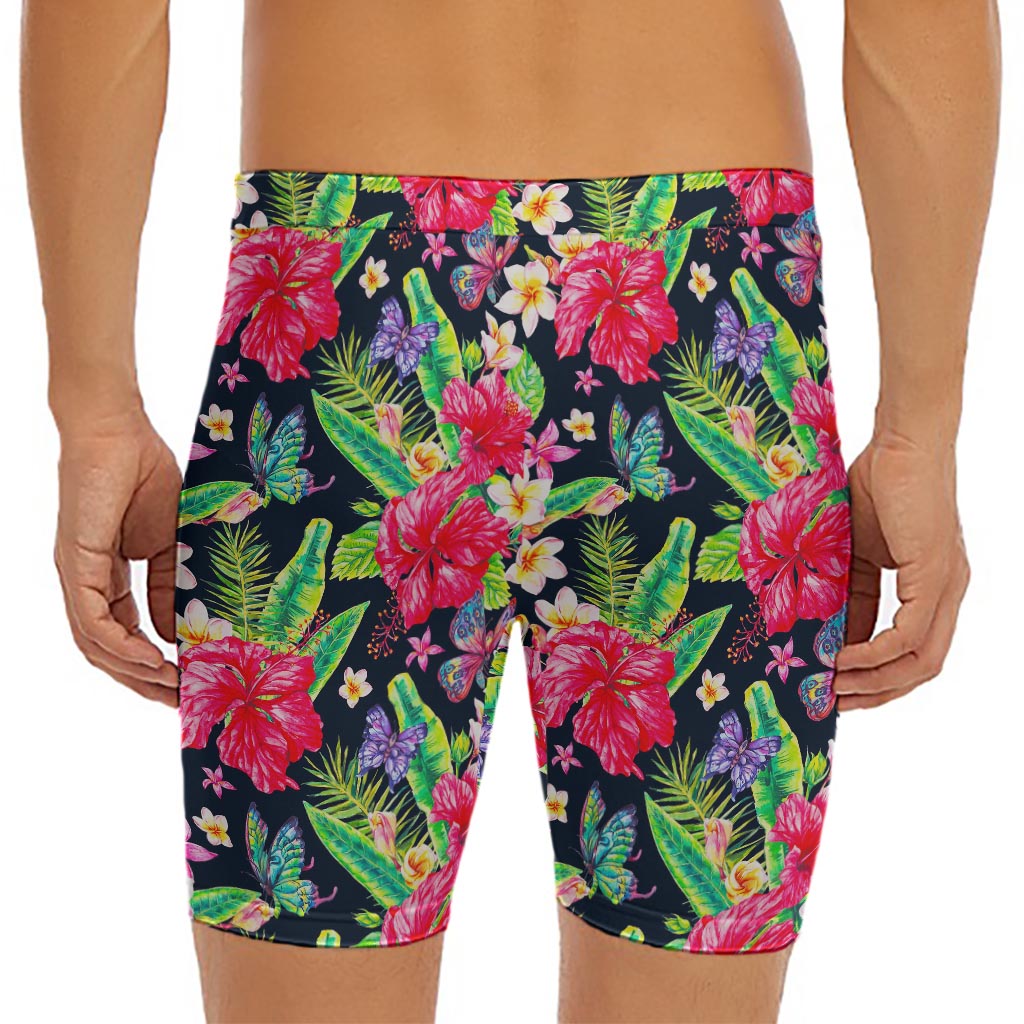 Exotic Hibiscus Flowers Pattern Print Men's Long Boxer Briefs