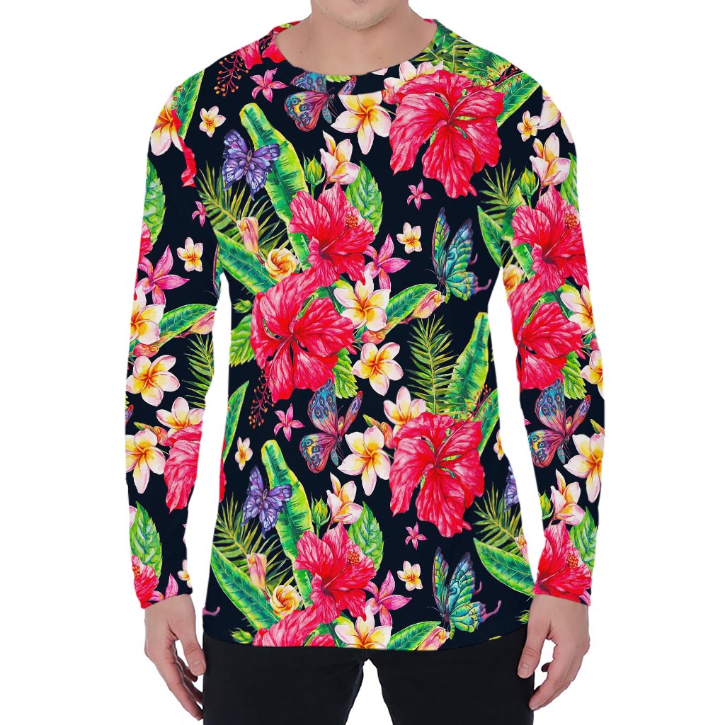 Exotic Hibiscus Flowers Pattern Print Men's Long Sleeve T-Shirt