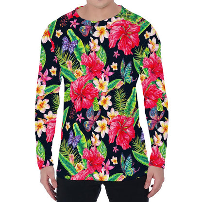 Exotic Hibiscus Flowers Pattern Print Men's Long Sleeve T-Shirt