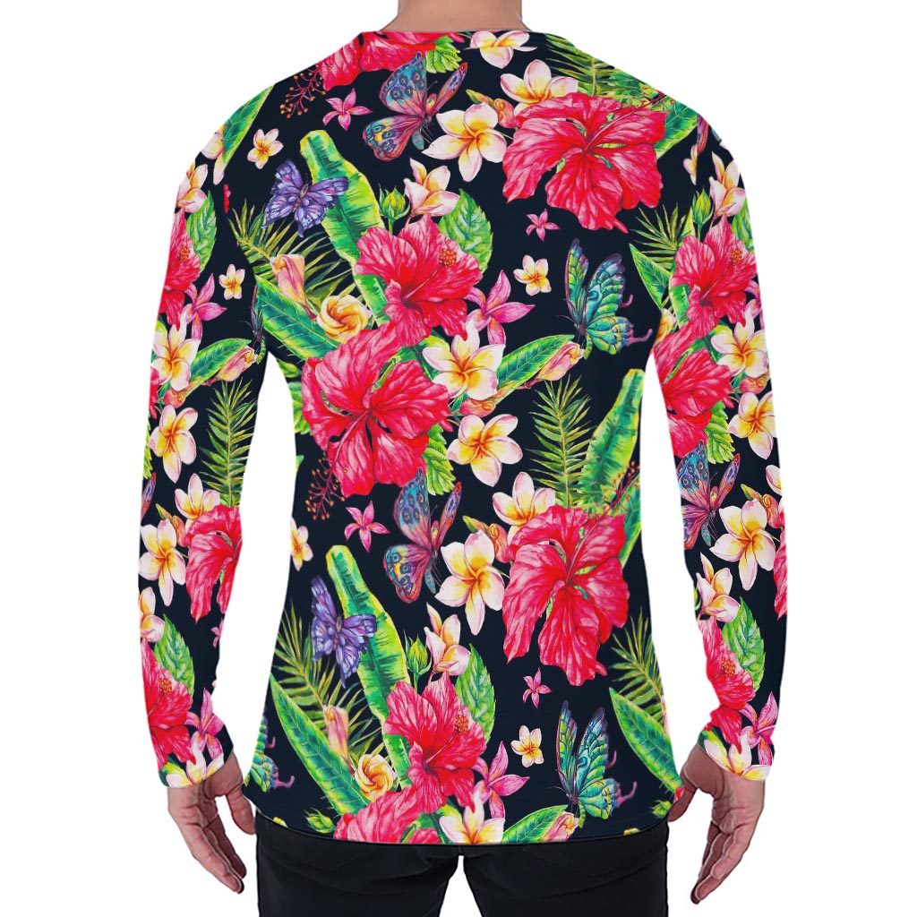 Exotic Hibiscus Flowers Pattern Print Men's Long Sleeve T-Shirt