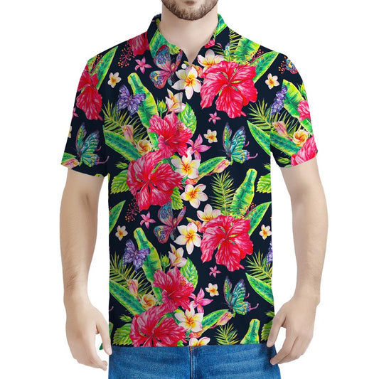 Exotic Hibiscus Flowers Pattern Print Men's Polo Shirt