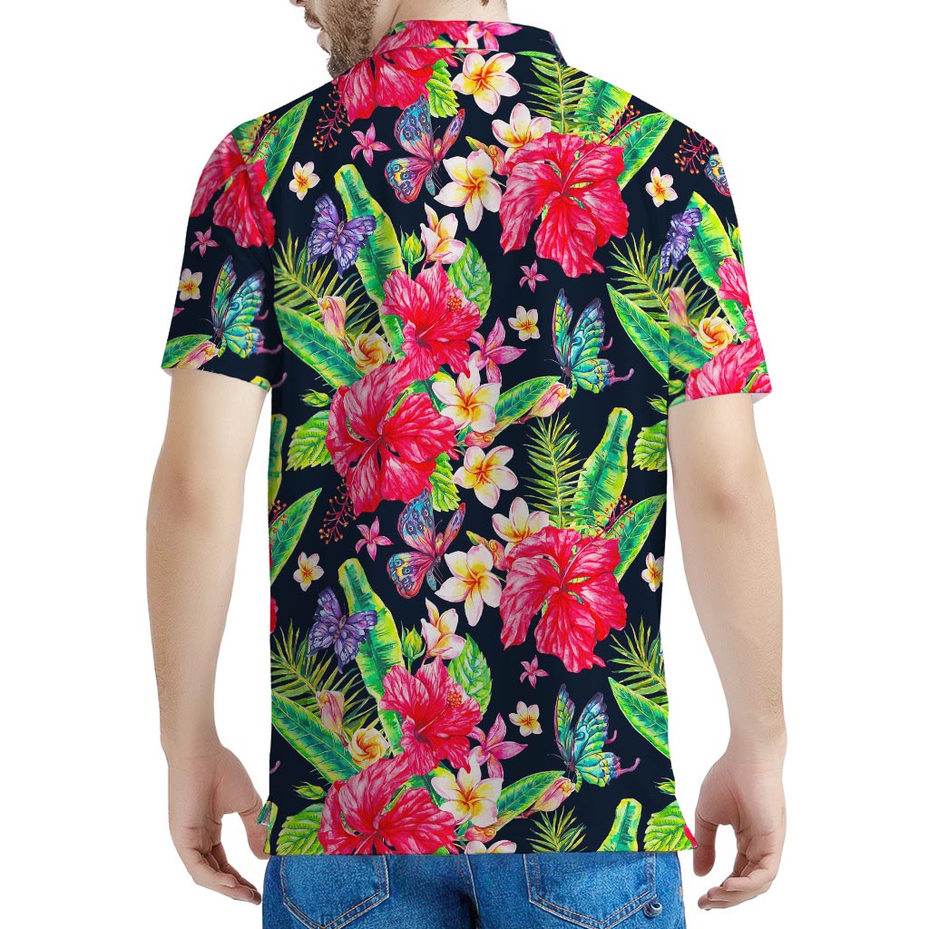 Exotic Hibiscus Flowers Pattern Print Men's Polo Shirt
