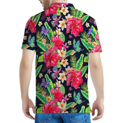 Exotic Hibiscus Flowers Pattern Print Men's Polo Shirt