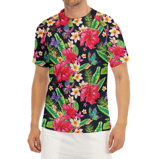 Exotic Hibiscus Flowers Pattern Print Men's Short Sleeve Rash Guard