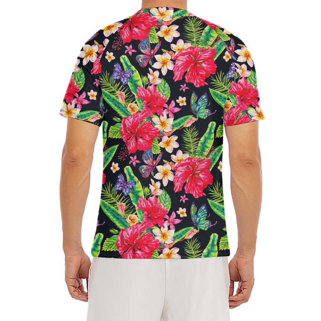 Exotic Hibiscus Flowers Pattern Print Men's Short Sleeve Rash Guard