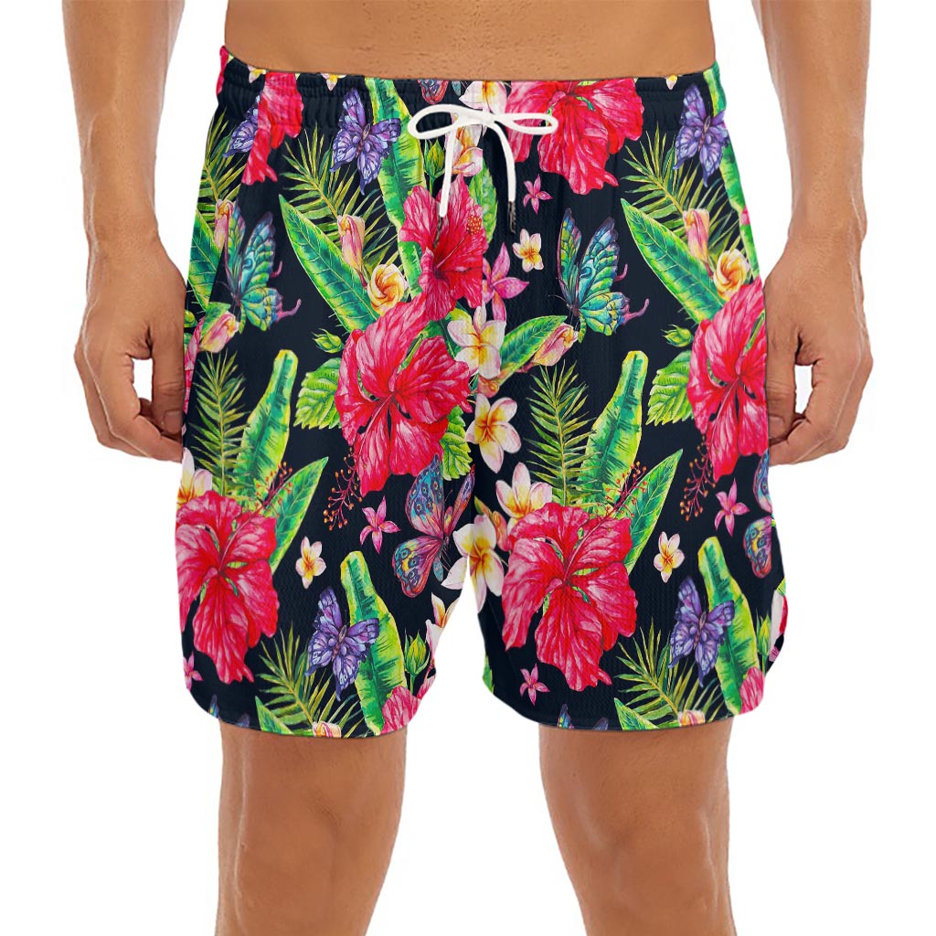 Exotic Hibiscus Flowers Pattern Print Men's Split Running Shorts