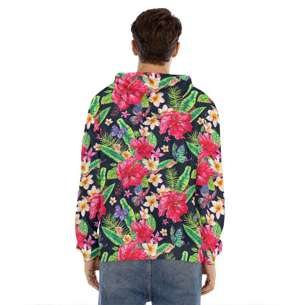 Exotic Hibiscus Flowers Pattern Print Men's Velvet Pullover Hoodie