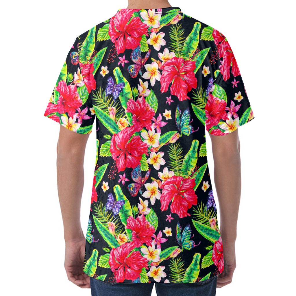 Exotic Hibiscus Flowers Pattern Print Men's Velvet T-Shirt