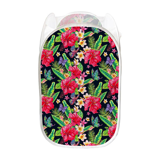Exotic Hibiscus Flowers Pattern Print Mesh Laundry Hamper
