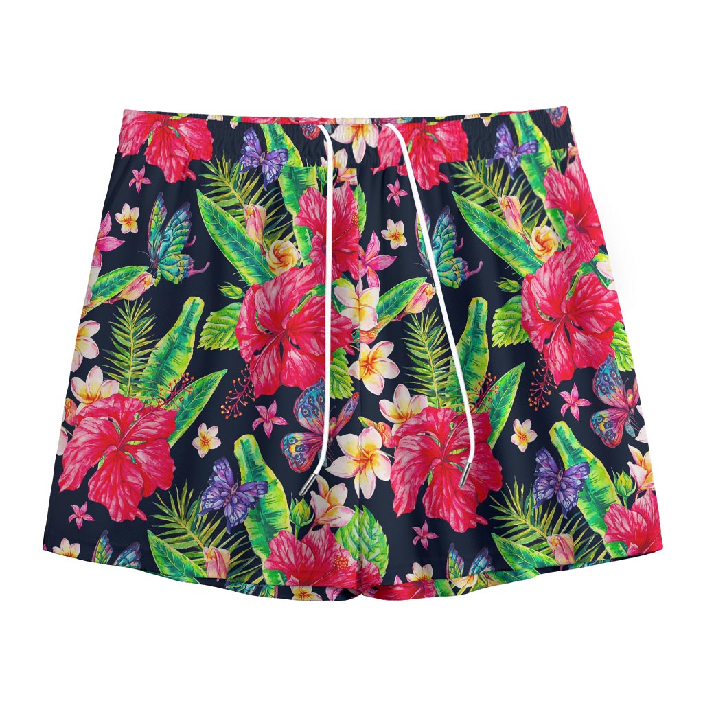Exotic Hibiscus Flowers Pattern Print Mesh Shorts