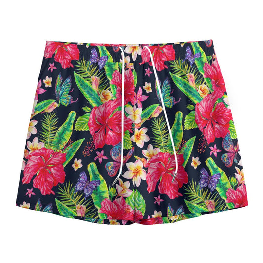 Exotic Hibiscus Flowers Pattern Print Mesh Shorts