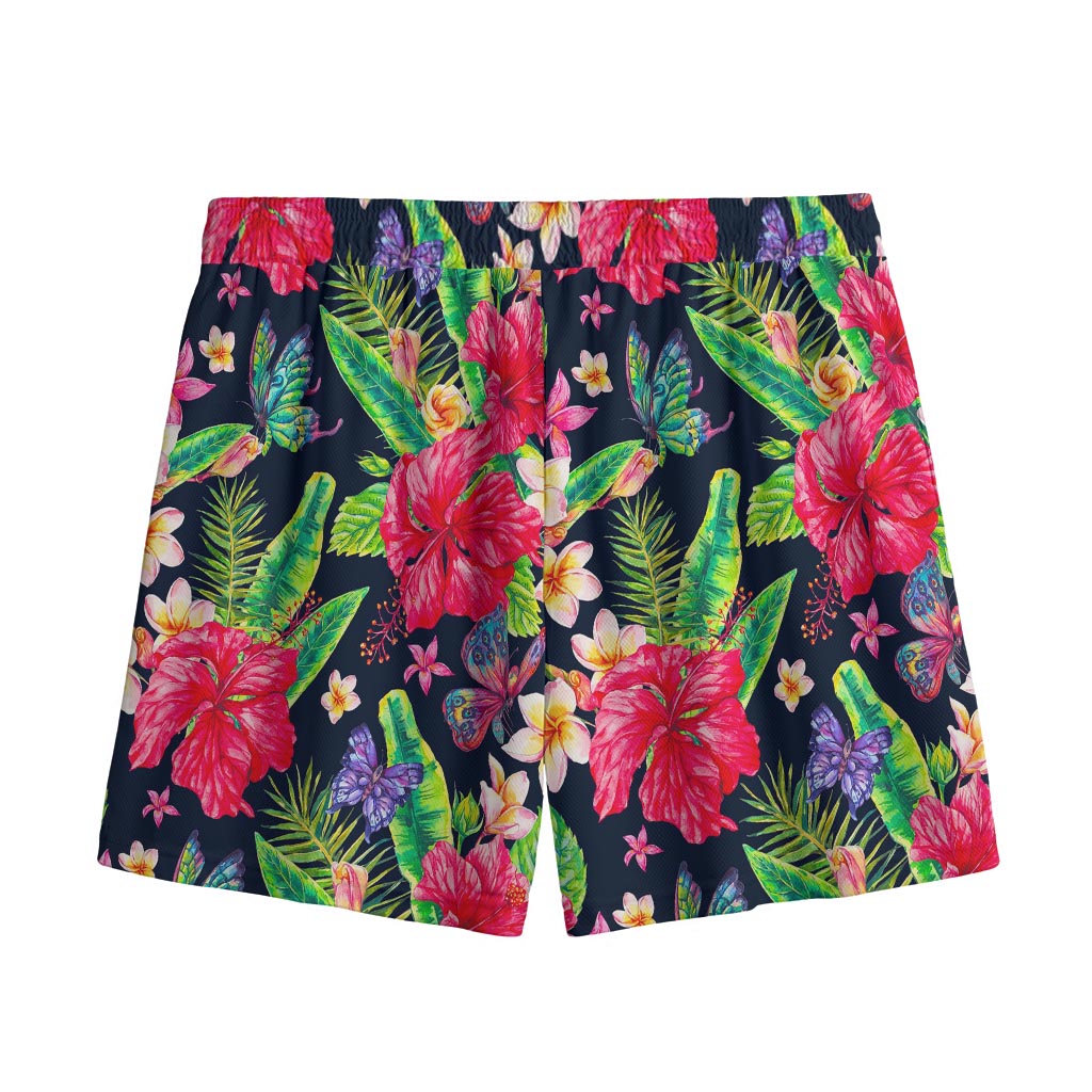 Exotic Hibiscus Flowers Pattern Print Mesh Shorts