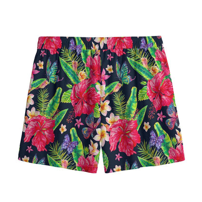 Exotic Hibiscus Flowers Pattern Print Mesh Shorts