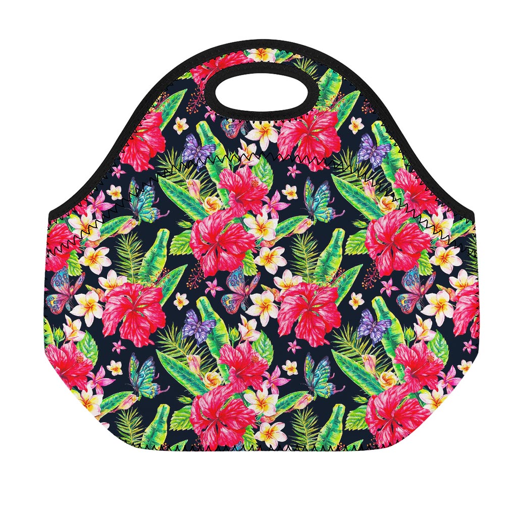 Exotic Hibiscus Flowers Pattern Print Neoprene Lunch Bag