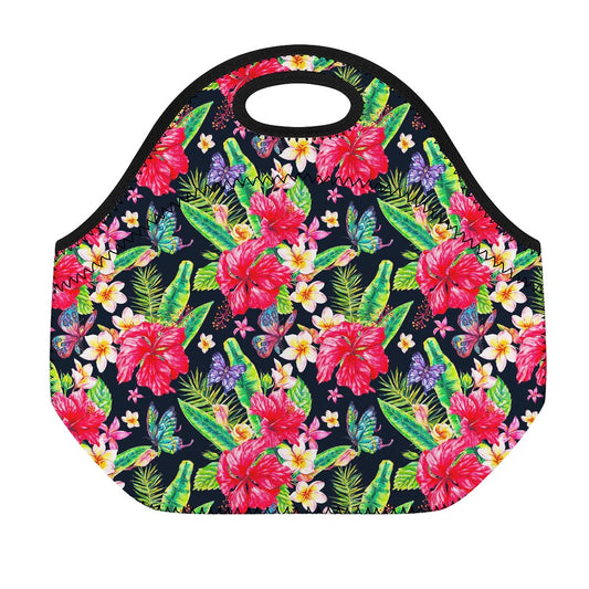 Exotic Hibiscus Flowers Pattern Print Neoprene Lunch Bag