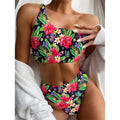 Exotic Hibiscus Flowers Pattern Print One Shoulder Bikini Set