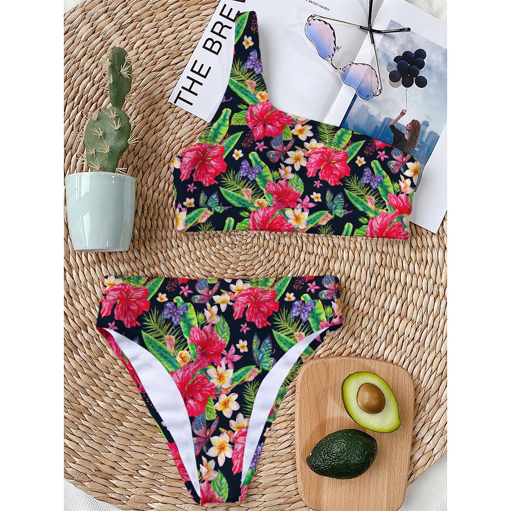 Exotic Hibiscus Flowers Pattern Print One Shoulder Bikini Top