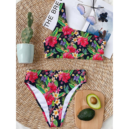 Exotic Hibiscus Flowers Pattern Print One Shoulder Bikini Top