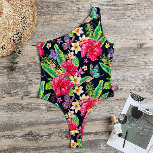 Exotic Hibiscus Flowers Pattern Print One Shoulder Bodysuit