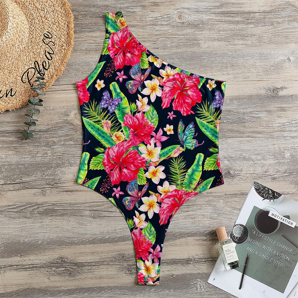 Exotic Hibiscus Flowers Pattern Print One Shoulder Bodysuit