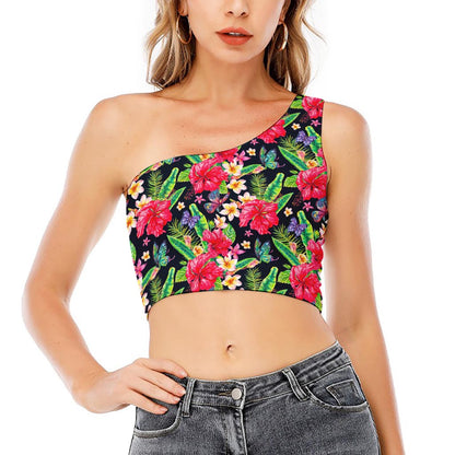 Exotic Hibiscus Flowers Pattern Print One Shoulder Crop Top