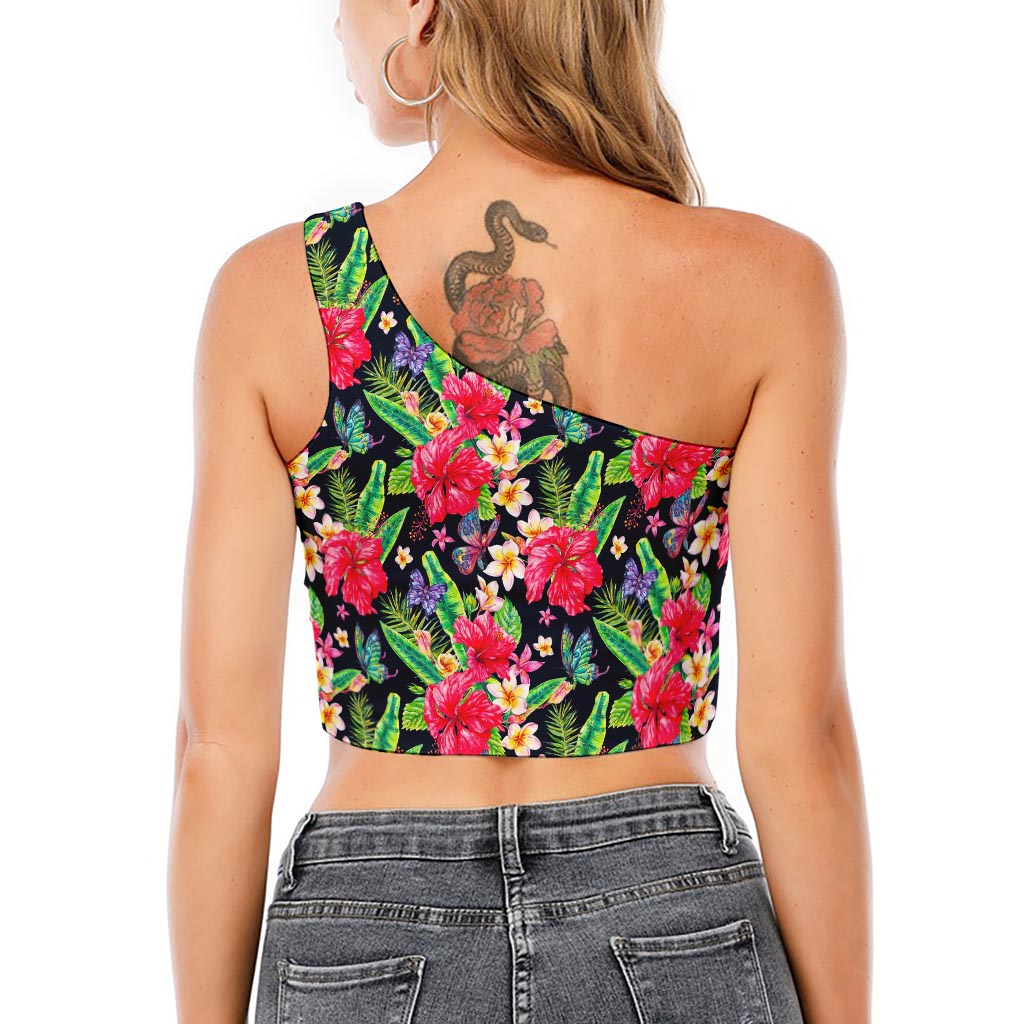 Exotic Hibiscus Flowers Pattern Print One Shoulder Crop Top