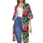 Exotic Hibiscus Flowers Pattern Print Open Front Beach Cover Up