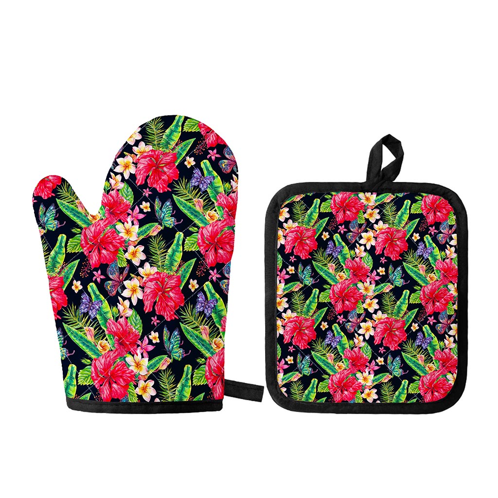 Exotic Hibiscus Flowers Pattern Print Oven Mitt And Pot Holder Set