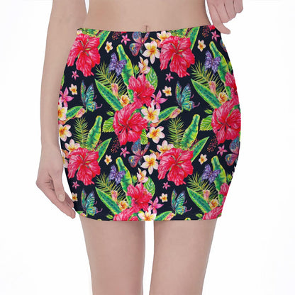 Exotic Hibiscus Flowers Pattern Print Pencil Mini Skirt