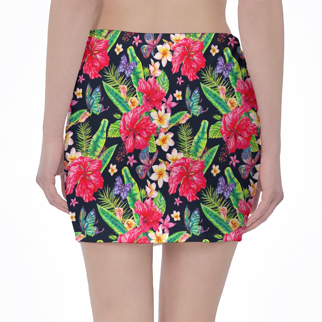 Exotic Hibiscus Flowers Pattern Print Pencil Mini Skirt