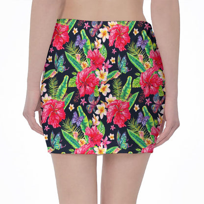 Exotic Hibiscus Flowers Pattern Print Pencil Mini Skirt