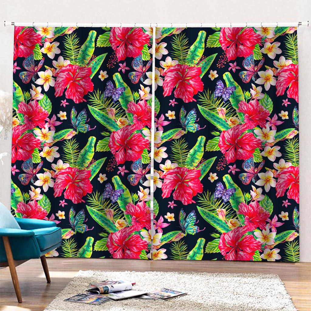 Exotic Hibiscus Flowers Pattern Print Pencil Pleat Curtains
