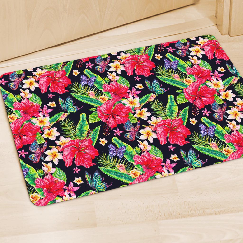 Exotic Hibiscus Flowers Pattern Print Polyester Doormat