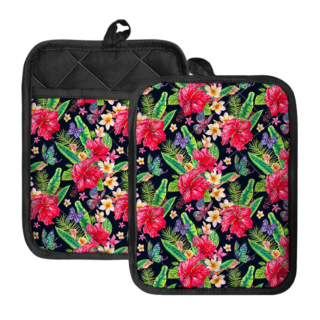 Exotic Hibiscus Flowers Pattern Print Pot Holders With Pocket