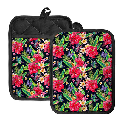 Exotic Hibiscus Flowers Pattern Print Pot Holders With Pocket