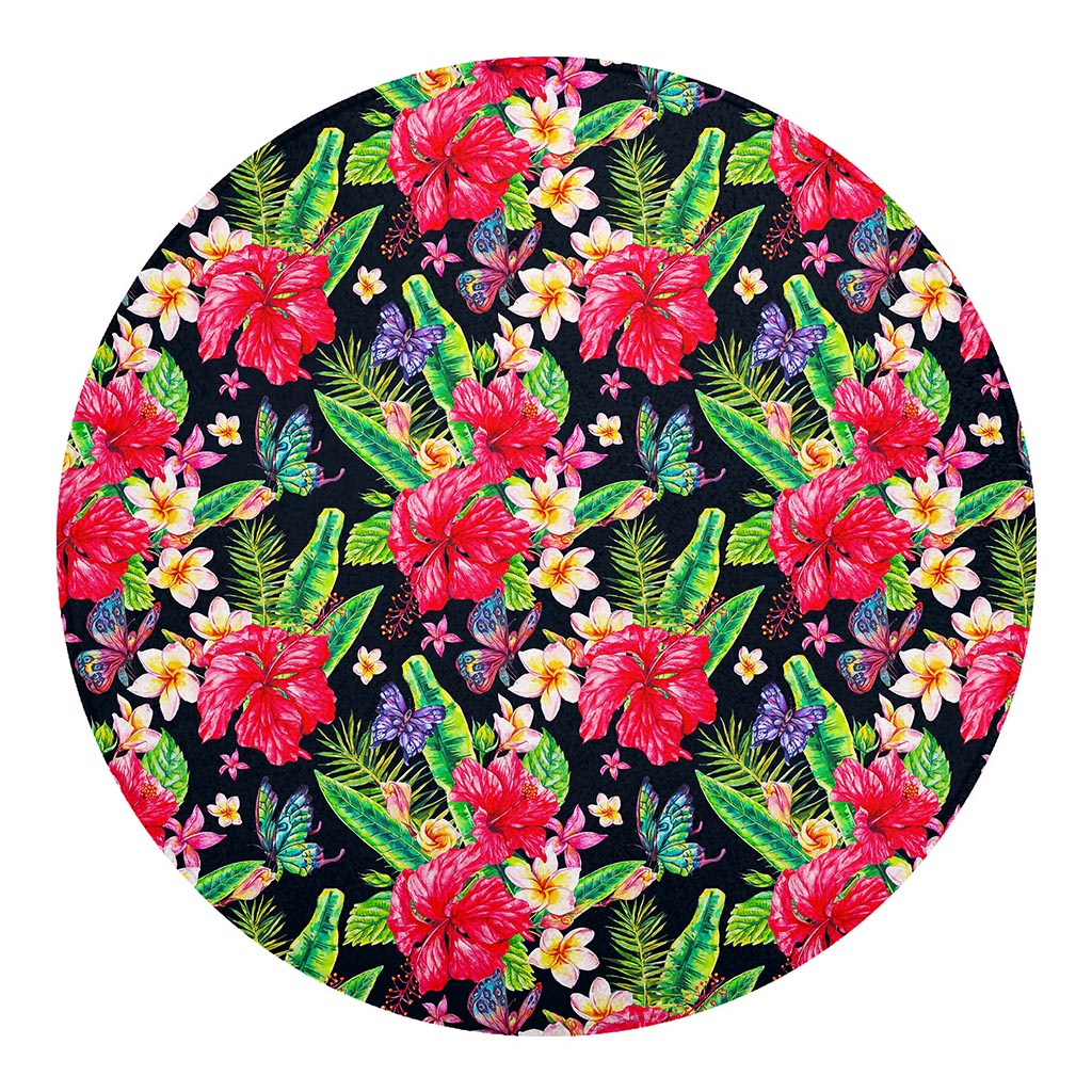 Exotic Hibiscus Flowers Pattern Print Round Blanket