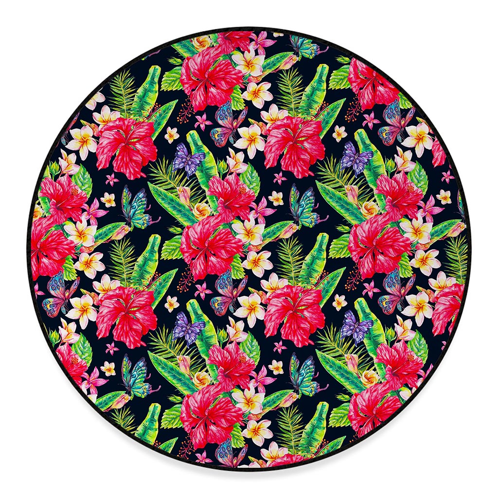 Exotic Hibiscus Flowers Pattern Print Round Floor Mat