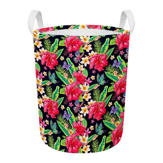 Exotic Hibiscus Flowers Pattern Print Round Laundry Basket
