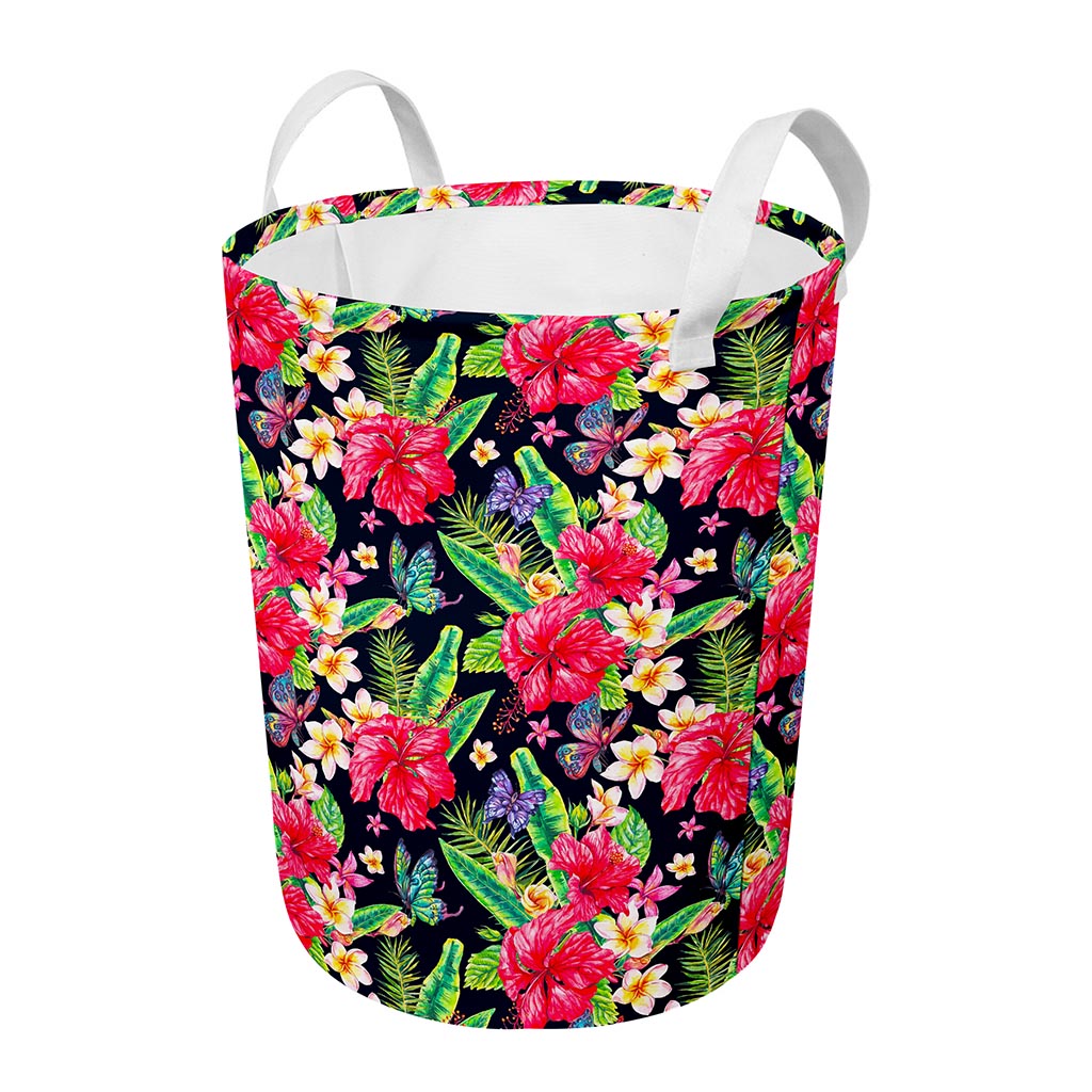 Exotic Hibiscus Flowers Pattern Print Round Laundry Basket