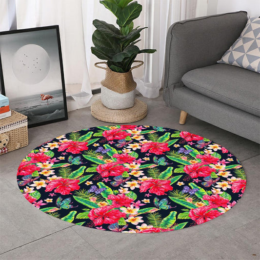 Exotic Hibiscus Flowers Pattern Print Round Rug