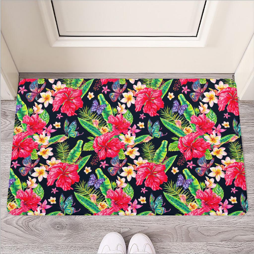 Exotic Hibiscus Flowers Pattern Print Rubber Doormat