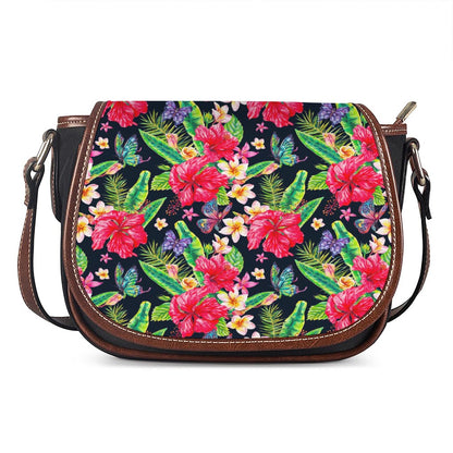 Exotic Hibiscus Flowers Pattern Print Saddle Bag