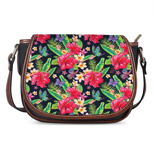 Exotic Hibiscus Flowers Pattern Print Saddle Bag