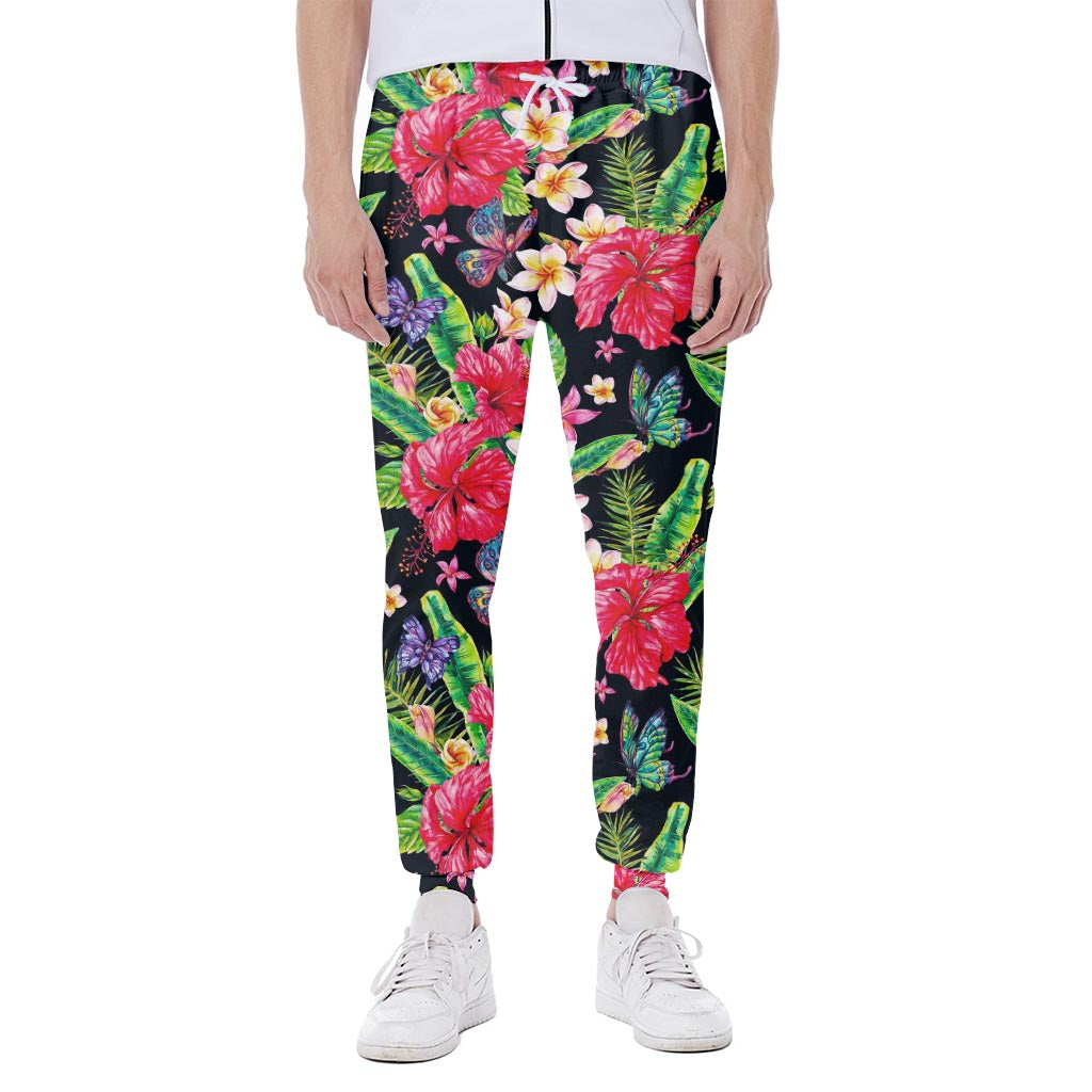 Exotic Hibiscus Flowers Pattern Print Scuba Joggers