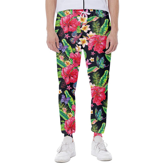 Exotic Hibiscus Flowers Pattern Print Scuba Joggers