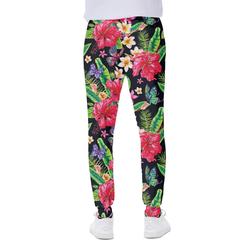 Exotic Hibiscus Flowers Pattern Print Scuba Joggers