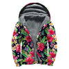 Exotic Hibiscus Flowers Pattern Print Sherpa Lined Zip Up Hoodie